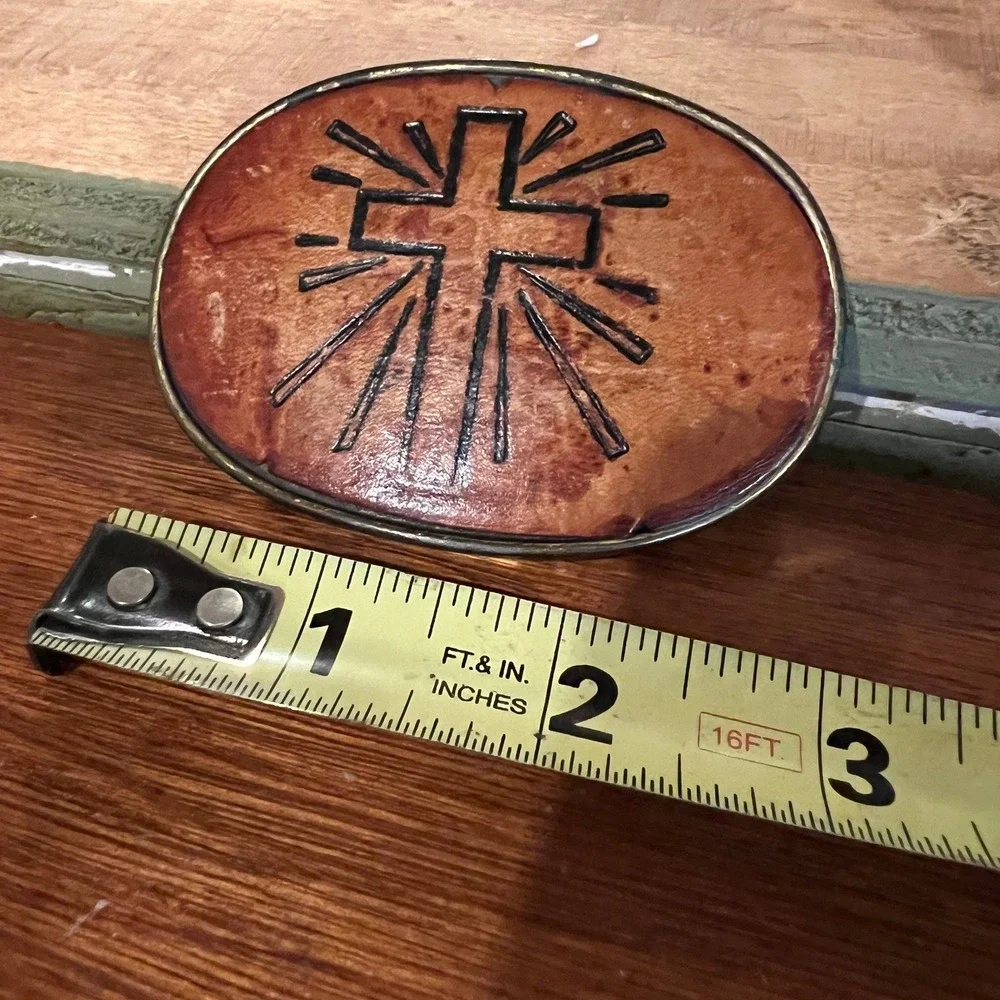 Vintage Southwestern Cross Belt Buckle Leather Inset Brass Tone Cowboy‎ Rustic